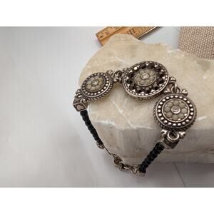 Brighton vtg Style Beaded Link Bracelet Silver Tone Black Beads Clear & Dark